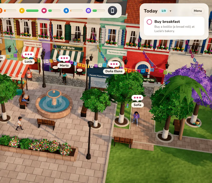 A sunny plaza in the game, with locals named Lucía, Marta, Doña Elena and Sofía waiting to talk